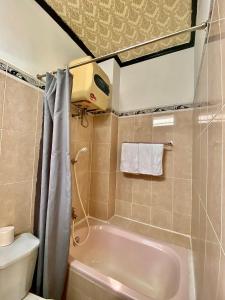 顺化宝明酒店的带浴缸和卫生间的浴室。