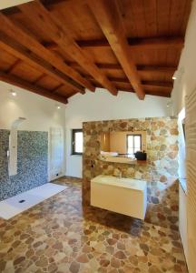 Camporgiano博尔戈比亚亚农舍的一间带石墙和大浴缸的浴室