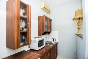 里科索翁Xenia Ionis luxury apartments的厨房配有水槽和台面上的微波炉