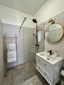 普拉Lux Apartmans的浴室配有盥洗盆和带镜子的淋浴