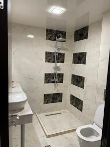 韦林格勒Апартамент ВАНЕСА的带淋浴、卫生间和盥洗盆的浴室