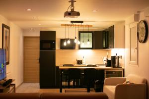 弗朗斯地区特朗布莱Atelier chaleureux - CDG的一个带绿色橱柜和厨房岛的厨房