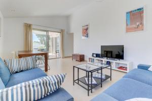 谢洛日博内尔Villa Foufou, Cielo de Bonaire的客厅配有蓝色的沙发和电视