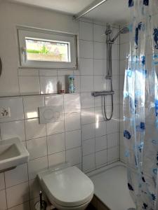 克罗伊茨林根Charmante Waldrandidylle的白色的浴室设有卫生间和淋浴。
