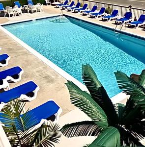 威尔伍德克拉斯特克罗尼海滩汽车旅馆的一个带蓝色躺椅的游泳池,一个度假胜地