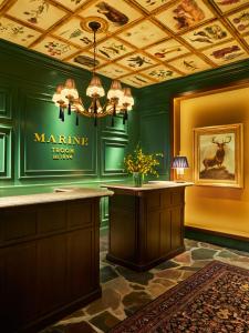 特伦Marine Troon的一间酒吧,位于带吊灯的绿色房间内