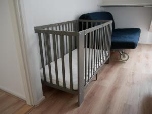 奥斯特仁德Jonas - Luxe appartement naast de duinen的房间里的婴儿床和蓝椅