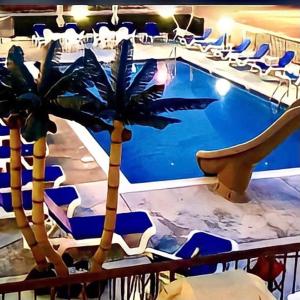 威尔伍德克拉斯特克罗尼海滩汽车旅馆的一座带椅子和棕榈树的游泳池