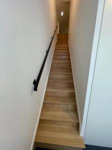 丰沙尔PIER HOUSE Accommodation的铺有木地板的黑色扶手楼梯