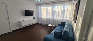 德瓦Belvedere Delux Apartment的客厅设有蓝色的沙发和窗户。
