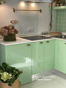阿马兰特Quinta D`Manuel Maria- Rural Charm Houses的厨房配有绿色和白色的橱柜和鲜花