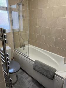 伊斯特布恩Impeccable 2-Bed Apartment in Eastbourne的带浴缸、卫生间和淋浴的浴室。