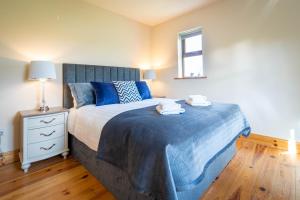 丁格尔Dingle View - 37 Tír Na Fiuise的一间卧室配有一张带蓝色床单的床和一扇窗户。
