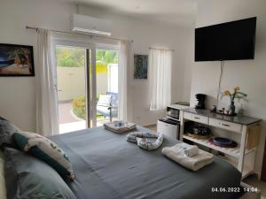 Dixon CoveLas Palmas - New Horizon的一间卧室配有一张大蓝色的床和电视