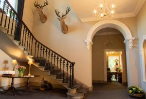 Chirnside奇尔旁厅酒店的走廊上设有楼梯,墙上挂着鹿头