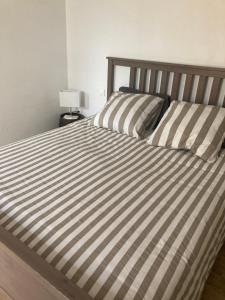 普罗旺斯地区阿莱马尼Mas Paradiso的床上有两张带条纹枕头的床
