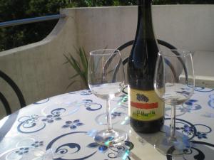 茨里克韦尼察Kotor的一张桌子上放着一瓶葡萄酒,放上两杯