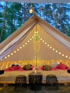 SwaderkiCaravana Juliana - Glamping的帐篷配有2张带灯的床铺