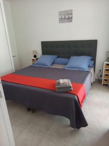 菲加里hébergement figari的一张带蓝色和红色床单及蓝色枕头的床