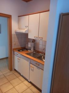 特里滕海姆Gästehaus Annette Hermes-Hoffmann的小厨房配有白色橱柜和水槽