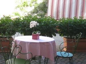 Colleretto GiacosaB&B Ristorante del Monte的一张带粉红色桌布的桌子和植物椅子