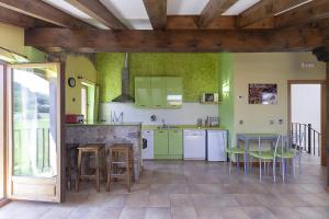 PolancoApartamentos Y Posada El Cafetal的厨房设有绿色的墙壁和桌椅