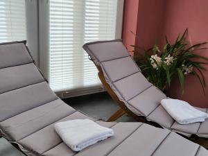 福伊希特旺根Ferienhof Gutmichel的等候室的两把椅子和毛巾