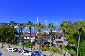 费特希耶Fethiye Sea View Suites的享有棕榈树停车场和海港的景色