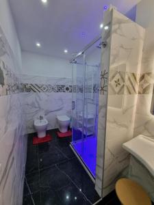 圣雷莫Piazza Colombo-Apartments的一间带玻璃淋浴和卫生间的浴室