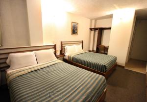 底拉斯卡拉HB快捷酒店的一间酒店客房,房间内设有两张床