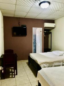 圣地亚哥Black Lion Inn的一间卧室设有两张床,墙上配有电视。