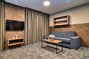 奥洛穆茨ABA Apartments的客厅配有蓝色的沙发和电视