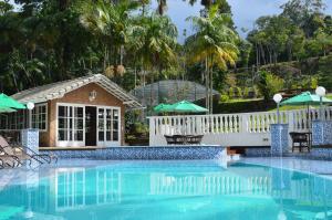 特雷索波利斯泰雷公园旅馆的度假村的游泳池,配有遮阳伞