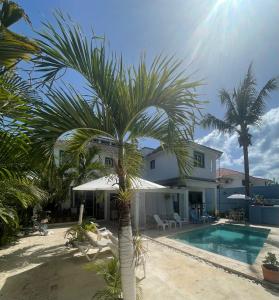 巴亚希贝B&B Villa Luna的棕榈树,在一座带游泳池的房子前