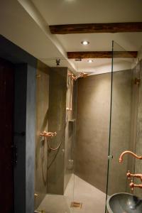 克拉克斯维克The Hans Apartment - cosy and special的带淋浴、水槽和玻璃门的浴室