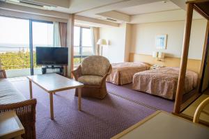 宫崎帝乐文娜一叶/日向旅馆的酒店客房设有两张床和电视。