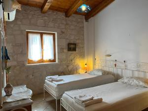 瓦西里科斯Deep Blue Villas的一间卧室设有两张床和窗户。