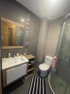 西迪拉哈尔Superbe appartement en résidence avec piscine的浴室配有卫生间、盥洗盆和淋浴。