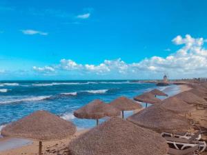 特拉帕尼Baia dei Mulini Resort & Spa的一群在海滩上与大海交汇的稻草遮阳伞