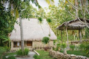 ToyapakehUmah Ilu Island Retreat Penida的花园中带茅草屋顶的房子