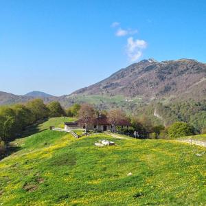 布伦托尼科Rifugio Baita Fos-Ce的山丘上一座房子,背景是群山