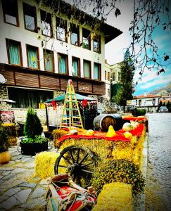 梅尔尼克Guest House Holiday in Melnik的一条带梯子和鸭子的干草车