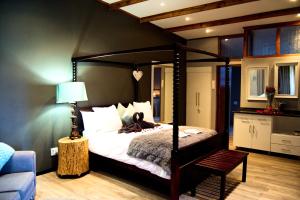 纽卡斯尔Grey Goose Game Lodge的一间卧室配有一张带灯和沙发的天蓬床