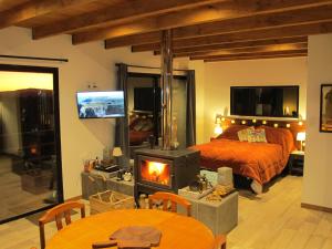 塞拉纳镇Cabaña El Trisquel的一间卧室设有一张床和一个壁炉。