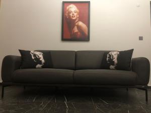 费特希耶Sofya Suites的客厅的沙发,配有绘画作品