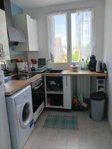 弗勒里莱欧布赖Superbe appartement de 41m2 en résidence privé的厨房配有水槽和洗衣机