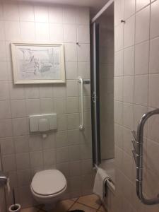施特芬斯哈根Möwe的一间带卫生间的浴室和墙上的照片