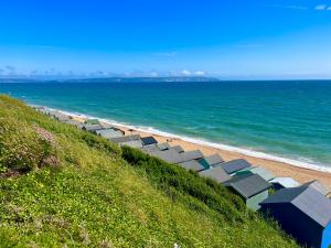 Swayforest beach bashley park的海滩上,有一排遮阳伞和大海