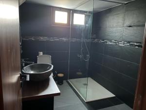 GalataMaria's Apartments 1的一间带水槽和玻璃淋浴的浴室