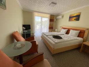巴拉顿城堡Solaris Hotel的酒店客房配有一张床铺和一张桌子。